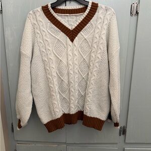 ROMWE Cream Cable Knit V-Neck Sweater with Brown Trim